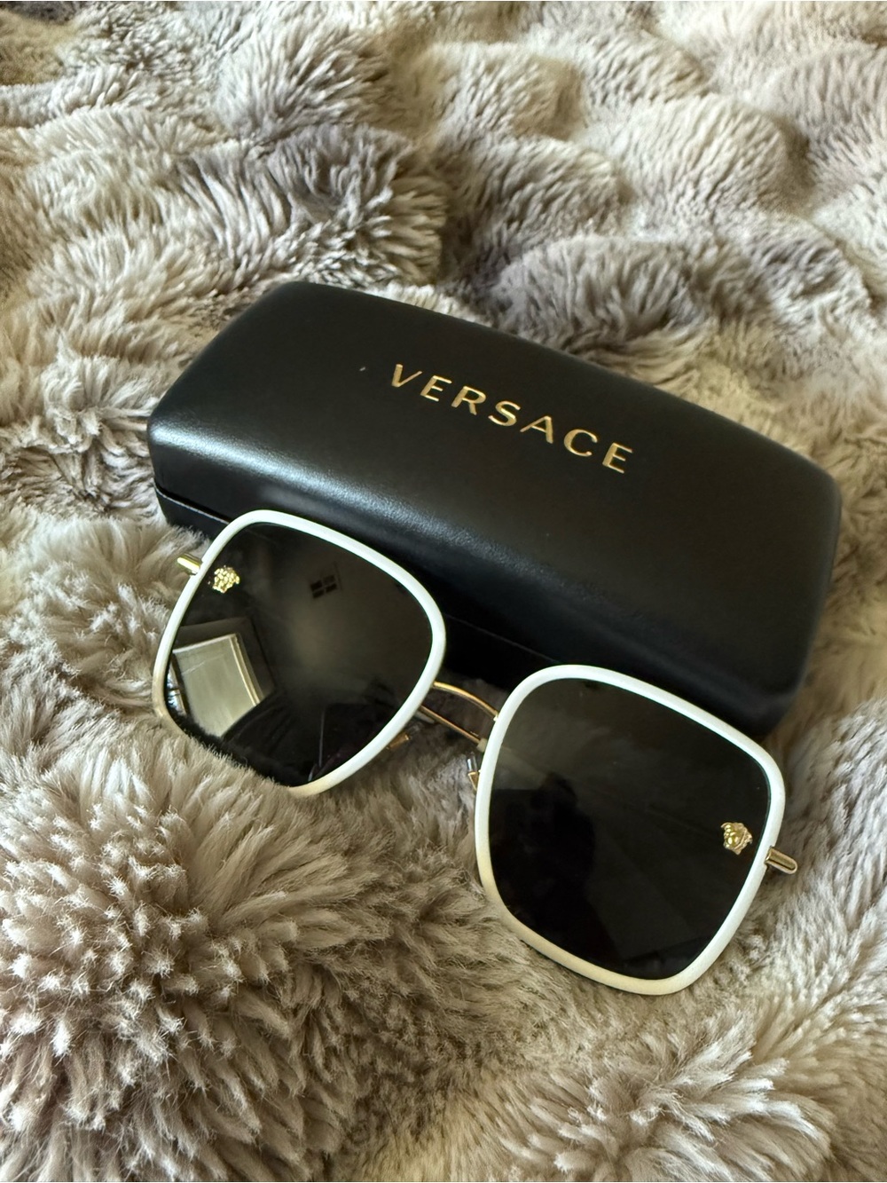 Versace White Frame Black Lens Sunglasses with Gold Accents